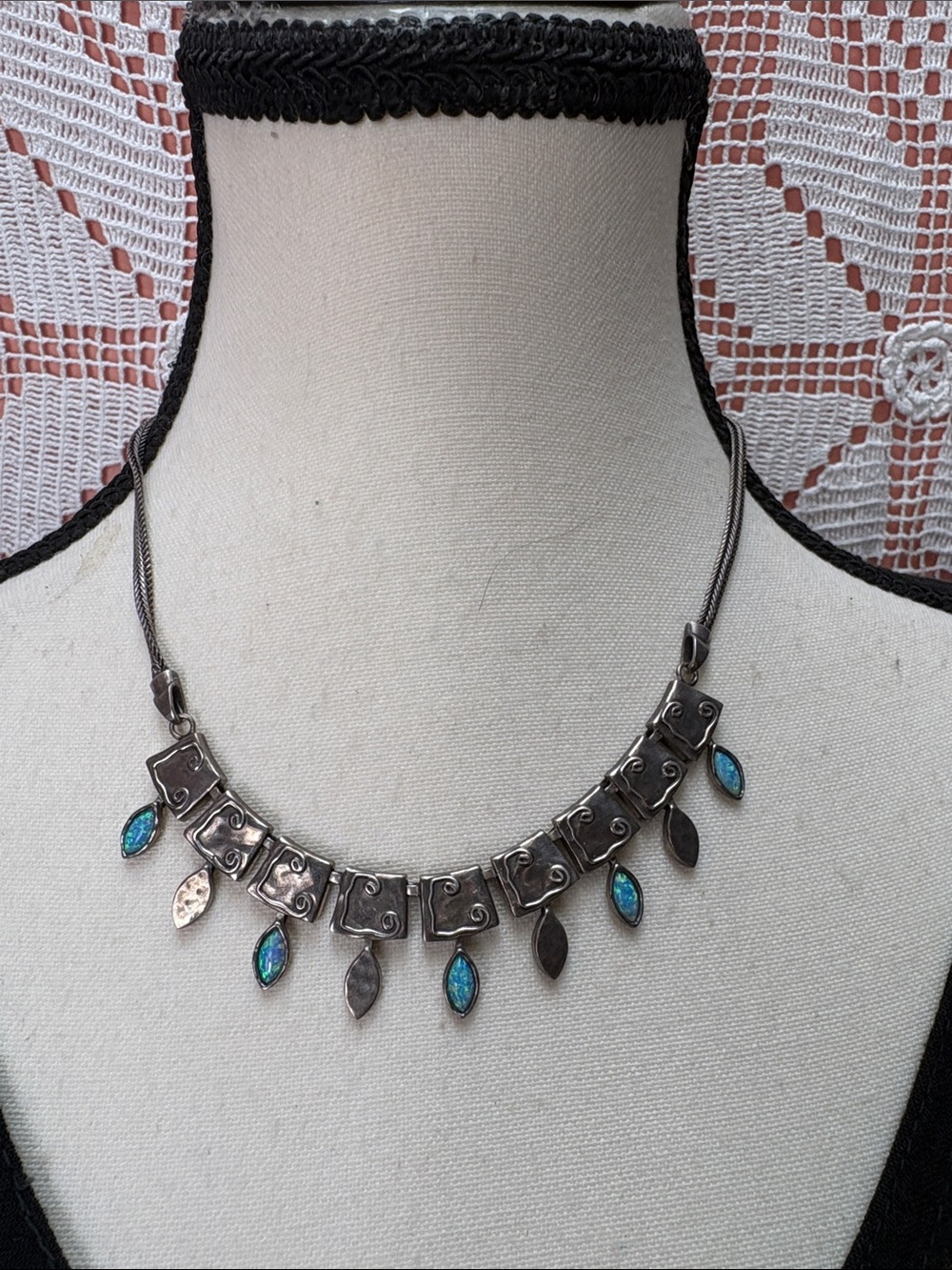 Sterling Silver 925 Opal Inlay Statement Necklace
